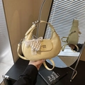 Creamy yellow croissant bag with pearl heart pendant and lace bow decoration - Yellow