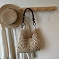 Beige hollow crochet straw tote bag with dark brown wood bead strap detail - Off White