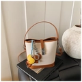 Beige woven bucket bag with brown leather trim and cute elephant charm on books - Brown with Pendant