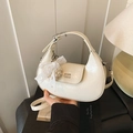 Creamy white crescent hobo bag with glossy pleated leather and lace bow charm - Off White