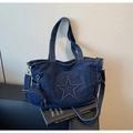 Detail view of denim tote bag with star pattern, side pocket and small round coin purse - Dark Blue