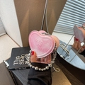 Pink heart-shaped mini crossbody bag with silver chain and decorative beads - Pink