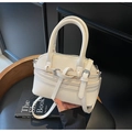 Borsa a mano elegante color crema in pelle grana litchi con tracolla rimovibile - Bianco
