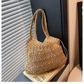 Beige hollow cotton rope woven shoulder bag with floral pattern and drawstring inner - Khaki