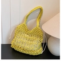 Hollow-out yellow cotton woven shoulder bag with white drawstring inner pouch - Yellow