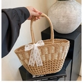 Natural straw tote bag with elegant white lace bow detail and sturdy dual handles - Brown with Silk Scarf