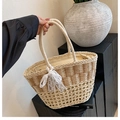 Natural straw tote bag in light beige with lace bow detail and dual ring handles - White With Scarf