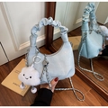 Light blue faux leather dumpling hobo bag with ruched handle and white cloud charm - With Charm / Blue