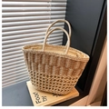Straw woven tote bag with hollow grid pattern and dual handles in natural beige - Brown Without Silk Scarf