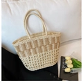 Dual-tone straw tote bag with cutout weave pattern and internal fabric lining - White No Silk Scarf