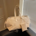 Grand sac cabas beige tressé avec cordons latéraux et mini pochette assortie à fermeture - Blanc Cassé