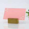 Gold table number holder with a pink laser-cut heart card for wedding seating - Pink