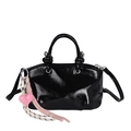 Glossy black bucket handbag with pink heart charm and long tassels for women - Black