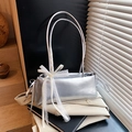 Chic silver rectangular shoulder bag with elegant white lace bow decoration - Silver