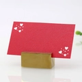 Gold metal place card holder with red heart cutout paper card for wedding table numbers - Pearlescent Red