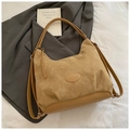 Brown leather hobo tote bag with suede patchwork and adjustable shoulder strap - Khaki (No Pendant)