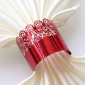 Red laser-cut lace napkin ring with floral hollow pattern for festive wedding table decor - Mirror Red