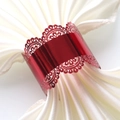 Elegant red metallic napkin ring with intricate lace pattern for wedding and party decor - Mirror Red