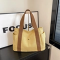 Dettaglio borsa tote in tela gialla con tracolla marrone e tasca anteriore con bottone automatico - Giallo