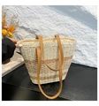 Striped woven straw tote bag in cream and brown with leather straps for summer - Beige
