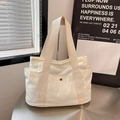 Bolso tote minimalista de lona blanca con bolsillo frontal y correas anchas cómodas - Blanco