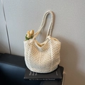 Sac cabas ajouré tissé blanc crème avec anses tressées et accents floraux - Blanc Cassé
