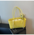 Bright yellow woven hollow tote bag with cream drawstring liner and handle - Yellow