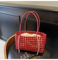 Red woven hobo basket bag with cream drawstring liner and circular top handles - Red