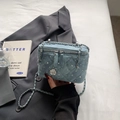 Light blue denim diamond quilted crossbody bag with silver rhinestones and chain strap - Blue