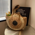 Sac fourre-tout rond en paille avec motif de tournesol et anses en cuir marron - Noir
