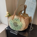 Sac fourre-tout en paille tressée avec motif floral en spirale et anses en cuir - Vert