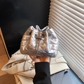 Silver quilted bucket bag with rhinestone embellishments and elegant chain strap - Silver No Handle