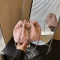 Pink quilted bucket bag with rhinestones, silver chain strap, and pearl drawstring detail - Pink No Handle