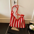 Red and white striped mesh hollow bucket bag with red leather rope handles - Red