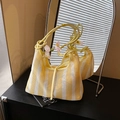 Yellow and white striped knit tote bag with mesh fabric and knotted handle detail - Yellow