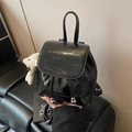 Mini black patent leather backpack with drawstring closure and plush bear keychain - Black
