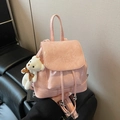 Pink pleated faux leather bucket backpack with cute white bear charm and drawstring - Pink