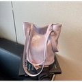 Detailed view of lavender crocodile texture bucket bag with MER PAI logo embossment - Taro Purple