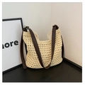 Woven tote bag in cream crochet with dark brown leather shoulder straps for beach vacations - White