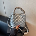 Silver quilted bucket bag with rhinestones and a braided handle for summer fashion - Silver