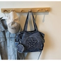 Detail of blue washed denim tote bag with star patch and mini coin purse attachment - Retro Blue