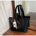 Black textured leather tote bag with long shoulder strap and cute bear charm - Black (With Charm)