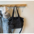 Detailed close-up of dark grey denim tote bag with star embossing and a round pouch - Black