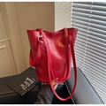 Red crocodile pattern bucket bag in shiny oil wax leather with double slim straps - Red