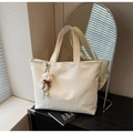 Minimalist beige leather tote bag with embossed lettering and cute teddy bear charm - Off-White (With Pendant)