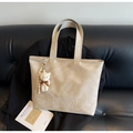 Chic beige leather tote bag with H.SHAN embossing and a cute bear charm pendant - Khaki (With Charm)