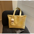 Bright yellow faux leather tote bag with embossed letters and a white plush bear charm - Yellow (With Pendant)