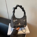 Glitzernde dunkelgraue Halbmondtasche mit silbernen Schmetterlingsanhängern und Kette - Schwarz