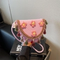 Pink woven bucket bag for women with colorful tassels and 3D flower decorations - Pink