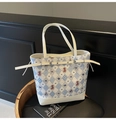 Quilted white shoulder bucket bag with blue bear prints and metallic buckle detail - Blue Argyle